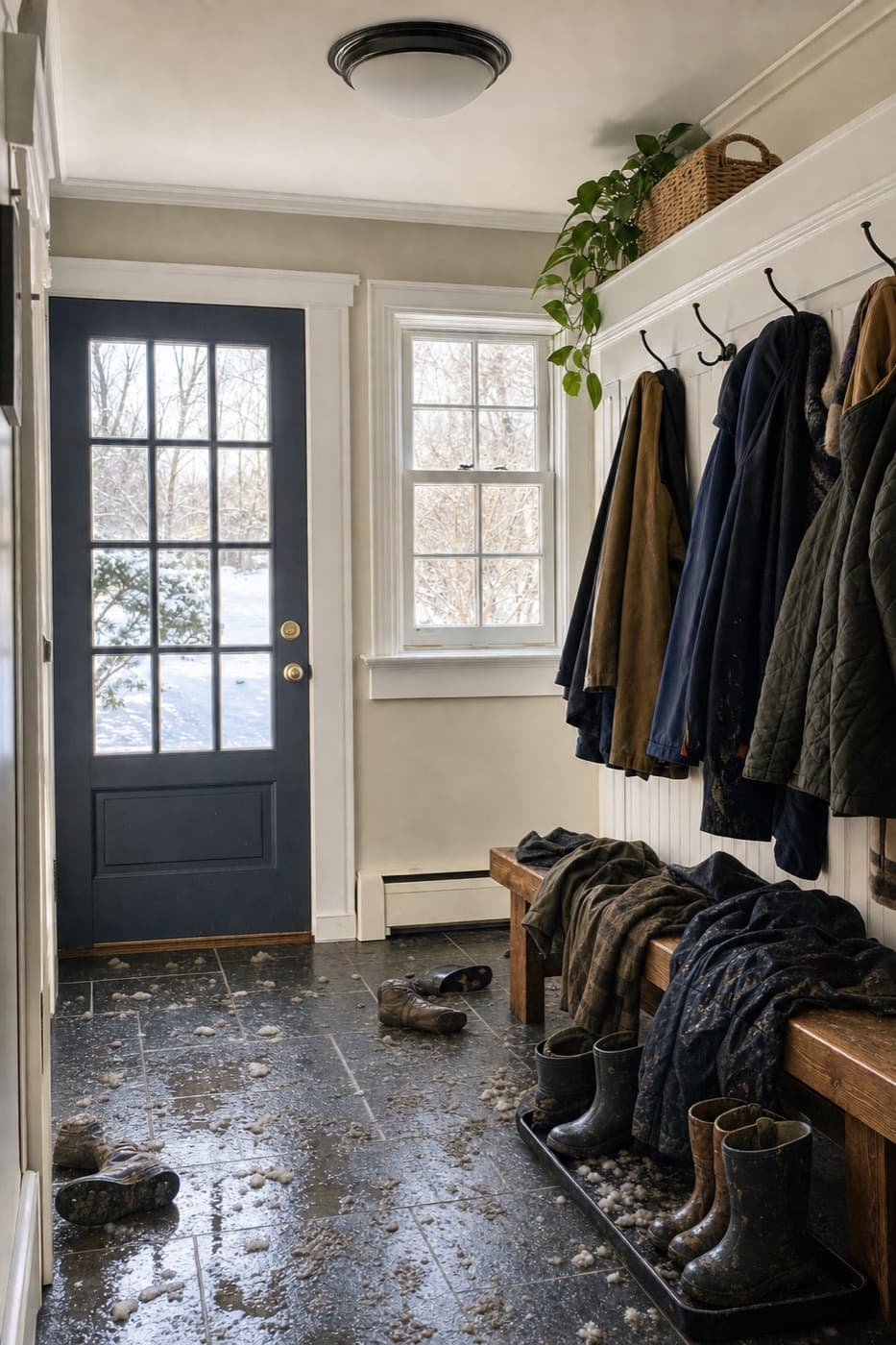 Winter mudroom before cleaning