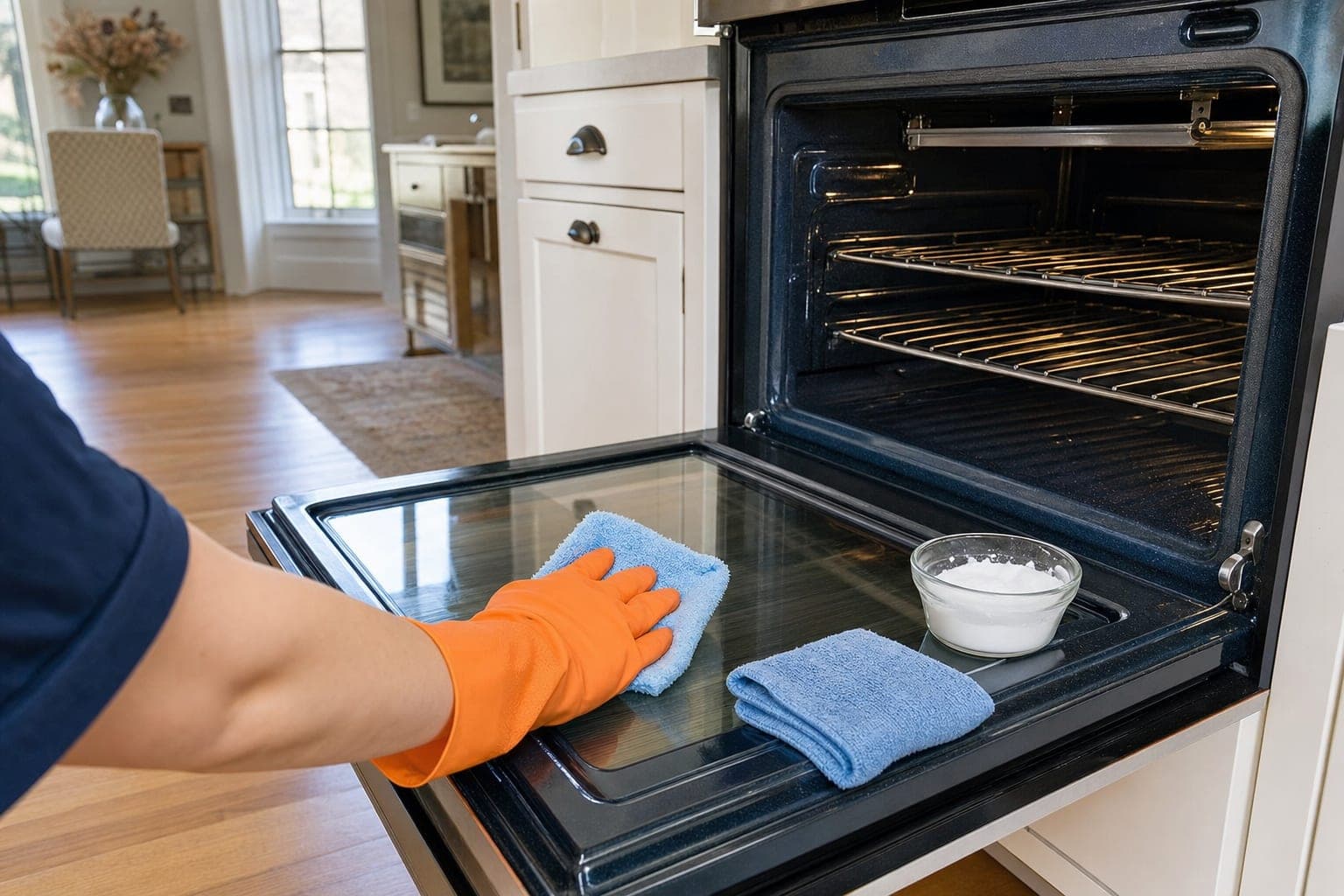 Gloved hand wiping the inside of an open oven door next to a bowl of baking soda paste
