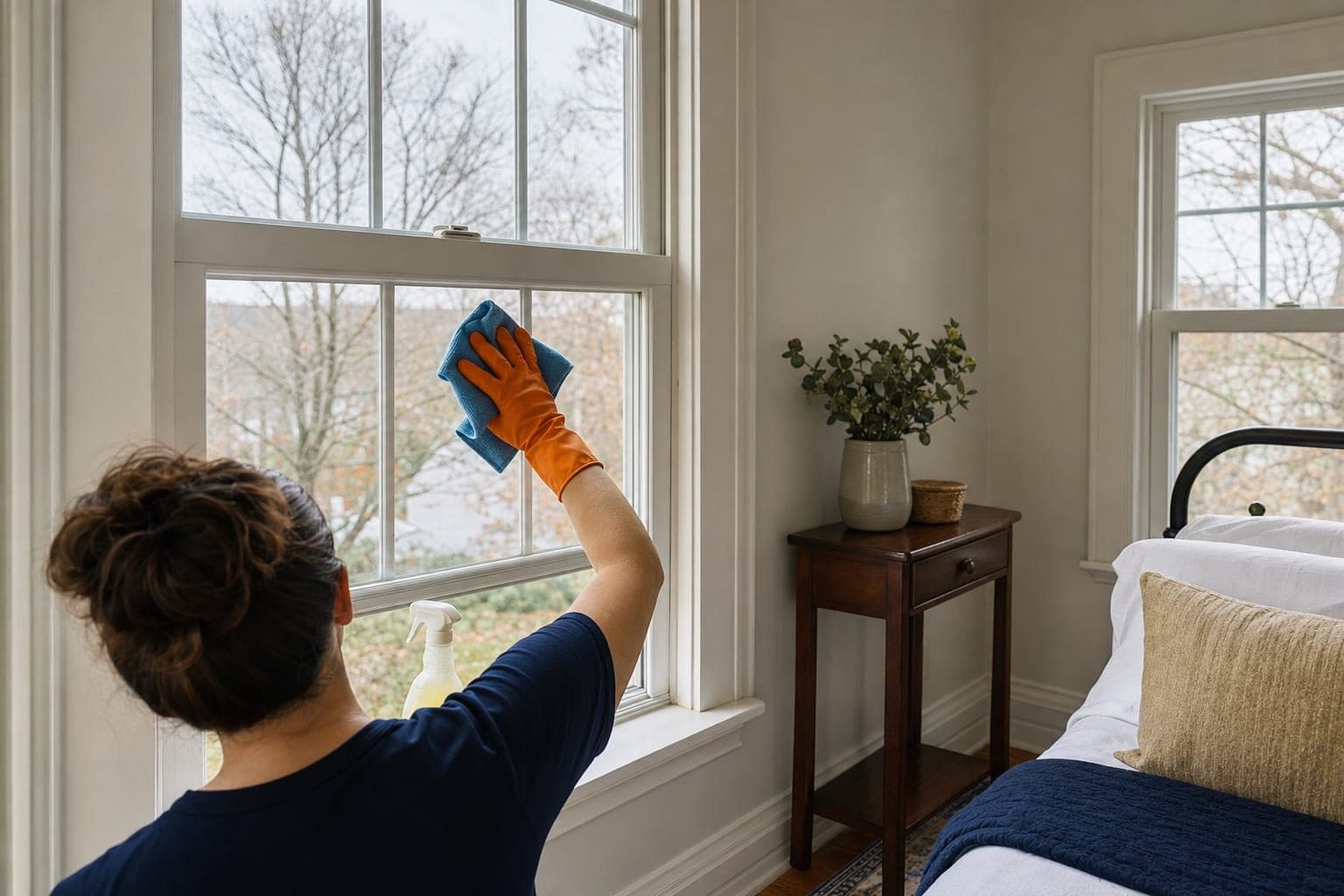 Cleaner wiping the inside of a white double-hung window in a colonial bedroom