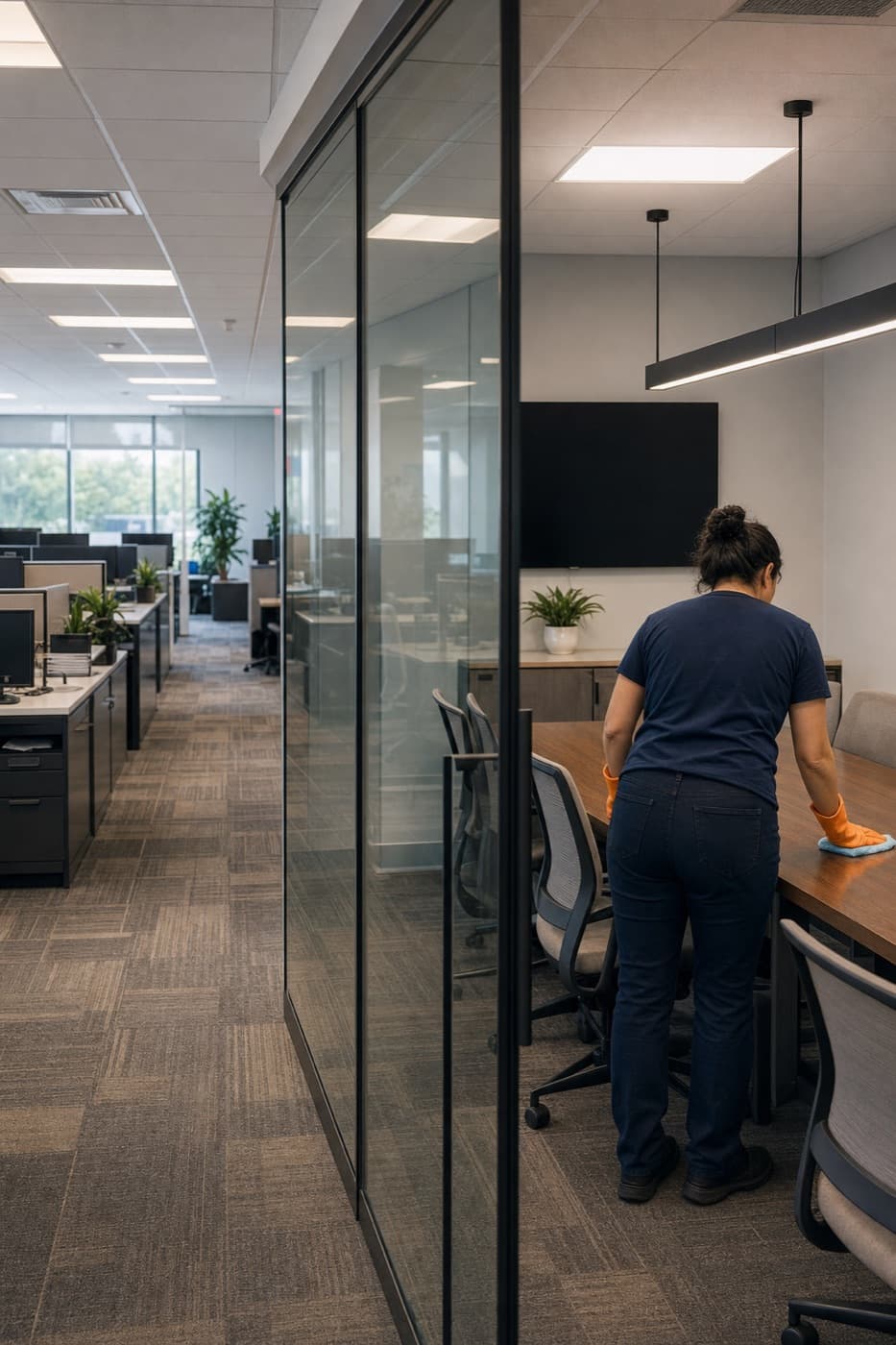 Janitorial cleaner wiping a conference table in an office