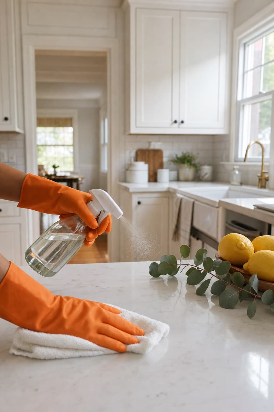 Gloved hand spraying a kitchen counter next to fresh lemons