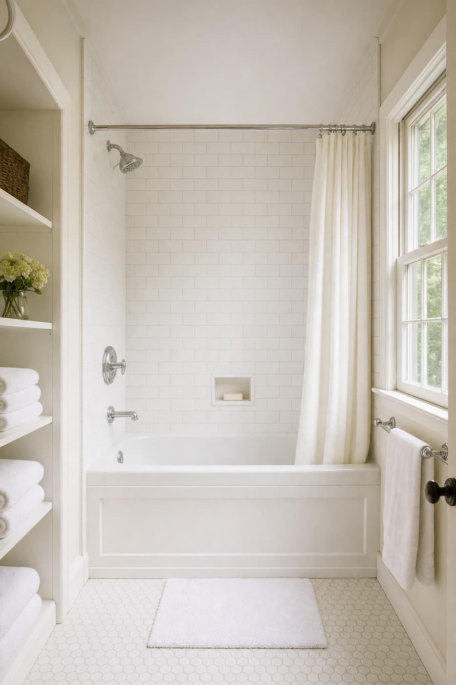 Clean white bathtub surrounded by white subway tile