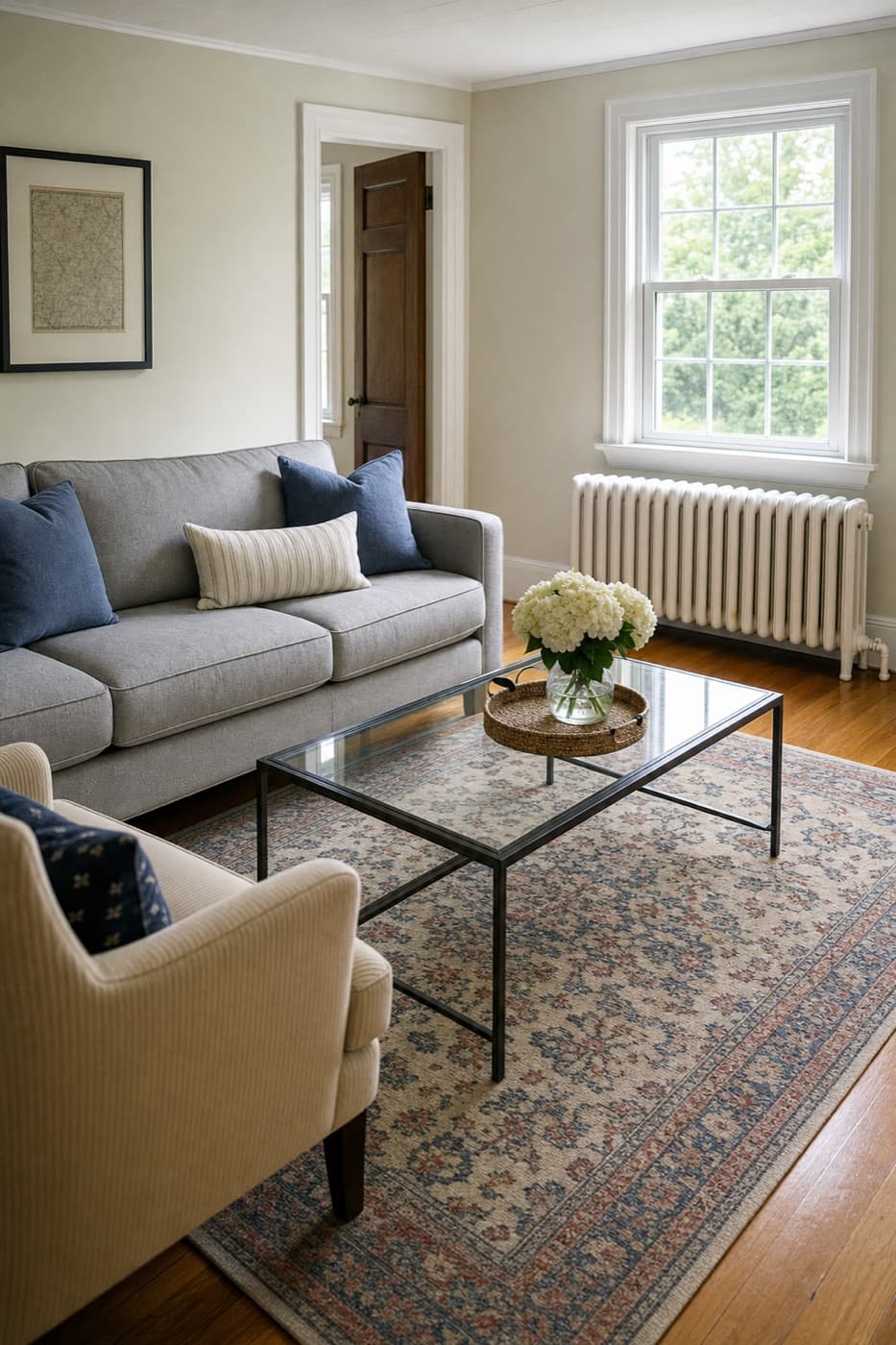 Tidy living room with a radiator under the window