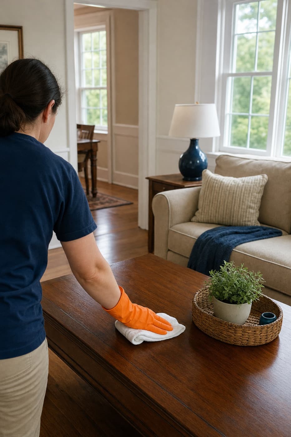 Cleaner wiping a coffee table in a living room