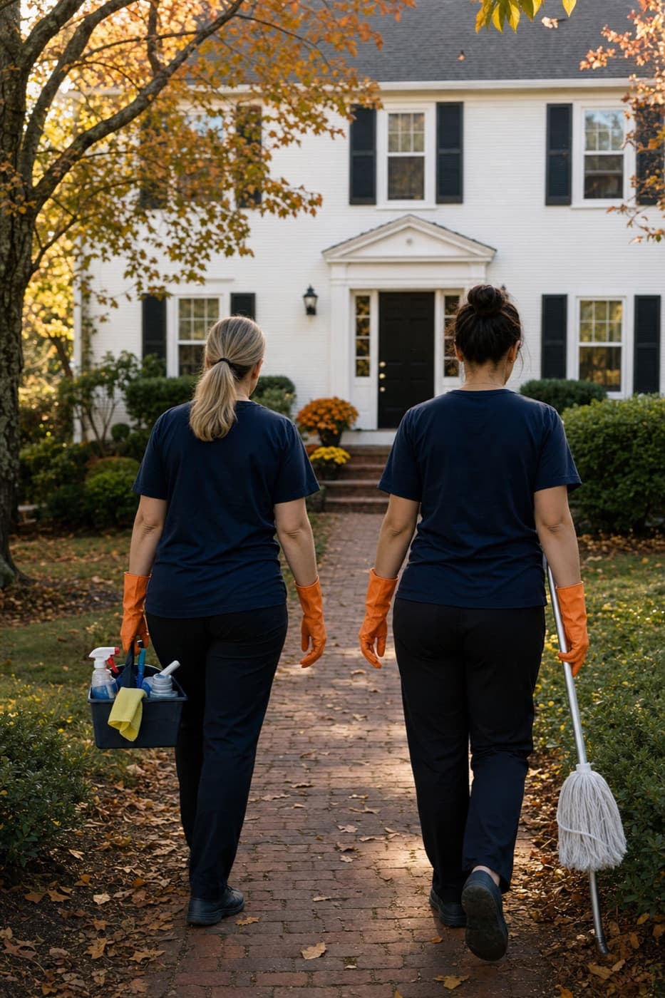 Two cleaners walking to a colonial home