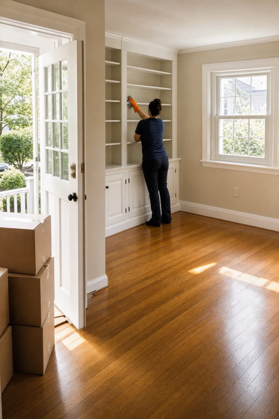 Empty sunlit room with moving boxes while a cleaner wipes built-in shelves
