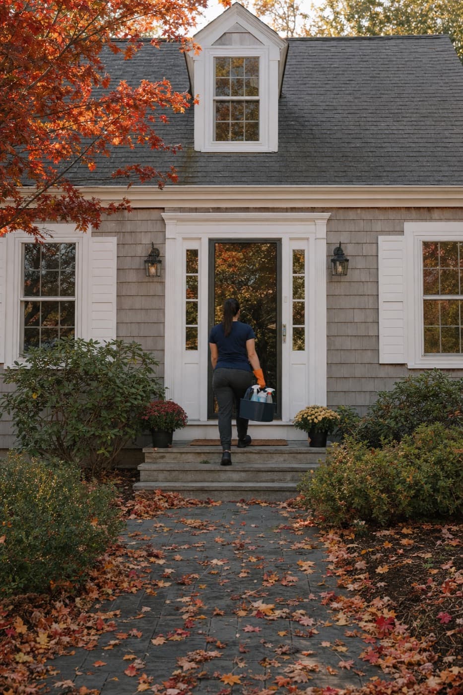 Cape Cod style house with a cleaner at the front door in fall